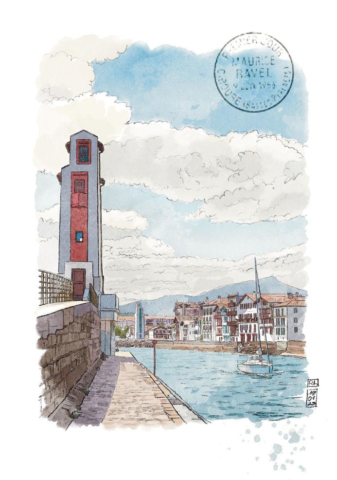 Aquarelle et illustration des phares de l'architecte Pavlovski, situés au port de saint jean de luz et ciboure , un est blanc et rouge et l'autre est blanc et vert , en arrière plan le port de plaisance de Ciboure et un bateau voguant sur l'eau . Carnet de voyage pays basque illustration paysage sud ouest france région aquitaine