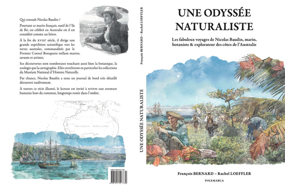 Couverture du livre Une odyssée naturaliste, les fabuleux voyages de Nicolas Baudin par François Bernard, illustrations Rachel Loeffler, éditions Polemarca