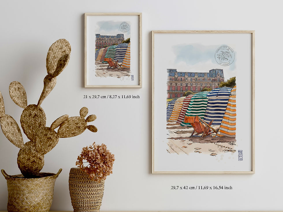 Miniature : Décoration murale : aquarelle des Tentes de la Grande Plage de Biarritz, format A4 et A3.