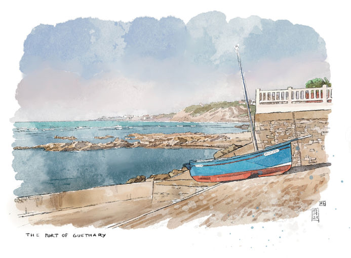 Aquarelle et illustration barque bleue au port de Guéthary, en arrière plan une vue sur les falaises de Bidart, extrait carnet de voyage côte basque sud ouest france