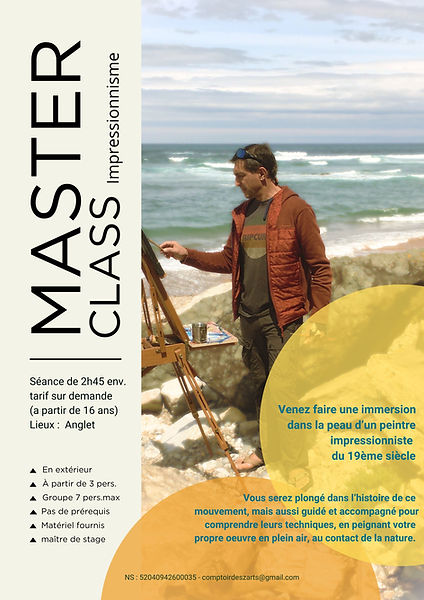 Atelier peinture impressionniste en plein air à Anglet, Pays Basque Vivez l’expérience unique d’un peintre impressionniste du 19e siècle en extérieur à Anglet. Groupes de 3 à 7 personnes, sans prérequis, tout matériel fourni. Créez votre propre œuvre, guidé par un expert.