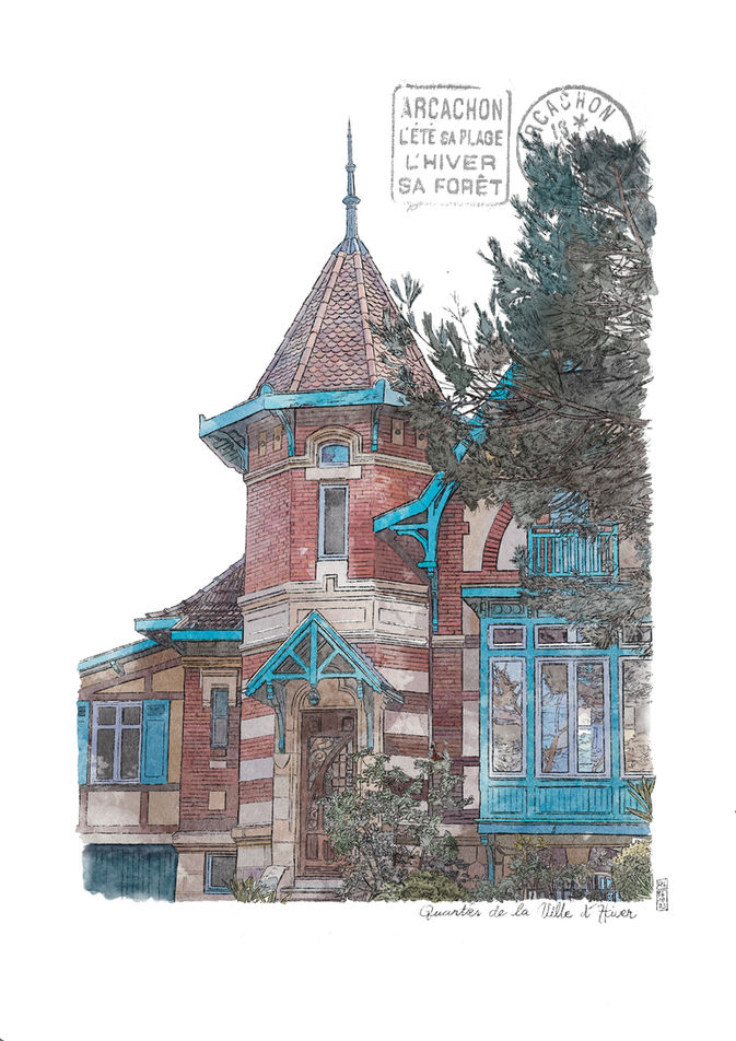 Jolie aquarelle d'une villa emblématique à Arcachon , quartier Ville d'Hiver. Découvrez l'architecture Belle Epoque de cette destination balnéaire. Une invitation à explorer le patrimoine architectural de cette région.