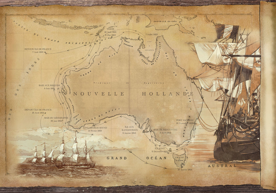 Planche illustrée du livre Une odyssée naturaliste, les fabuleux voyages de Nicolas Baudin, illustratrice Rachel Loeffler, auteur François Bernard