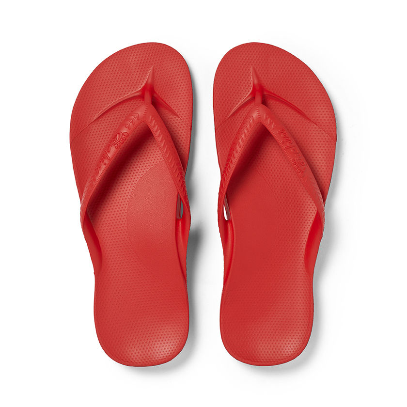 Archies Arch Support Flip Flops in chilli red with built-in orthotic arch support and textured footbed for improved comfort a