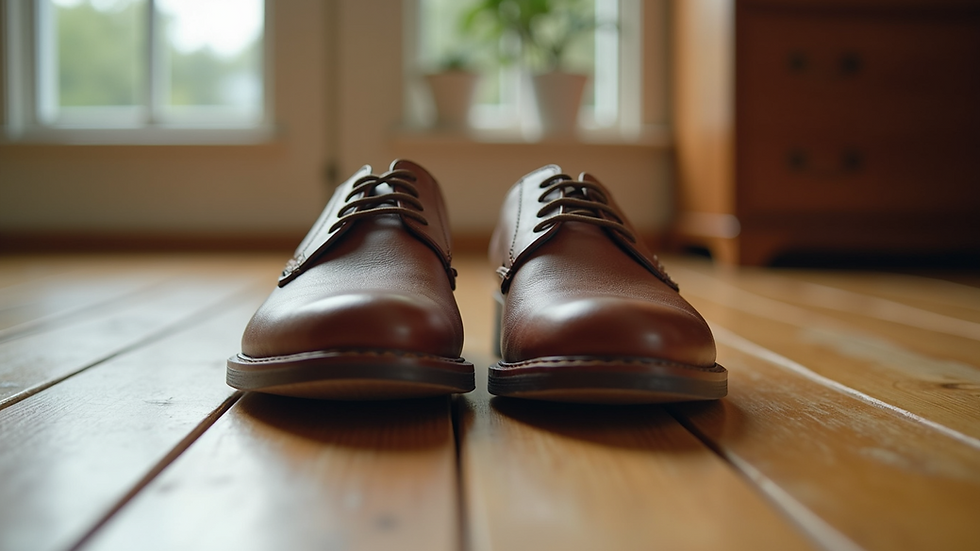 Eye-level view of a pair of comfortable shoes on a wooden floor