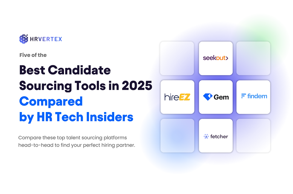 HRVERTEX compares top 5 candidate sourcing tools for 2025. Logos: SeekOut, hireEZ, Gem, findem, fetcher. White background, blue text.