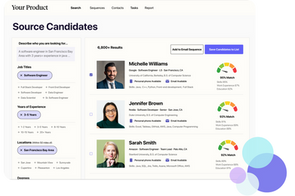 A sample Candidate Sourcing user interface with search, scoring, ranking, contact finding features.