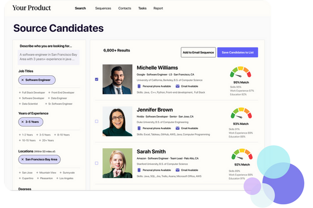 A sample Candidate Sourcing user interface with search, scoring, ranking, contact finding features.