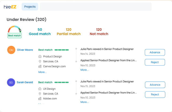 hireEZ Dashboard image shows "Under Review" projects with 320 candidates, match status gauges, and details for Oliver Moore and Sarah Gerald.