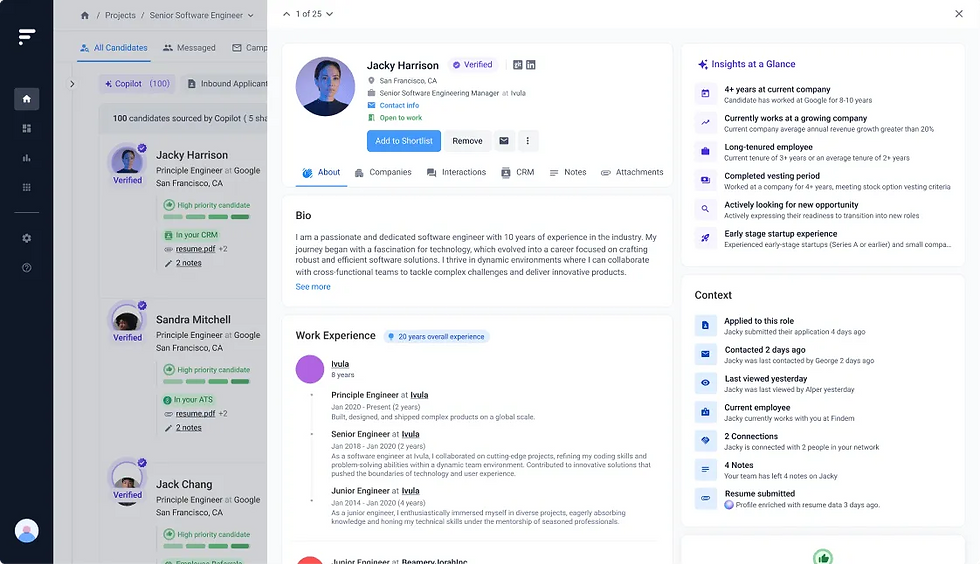 Findem Recruitment app screenshot showing Jacky Harrison's profile. Includes bio, work experience, and insights. Interface has lists of candidates.