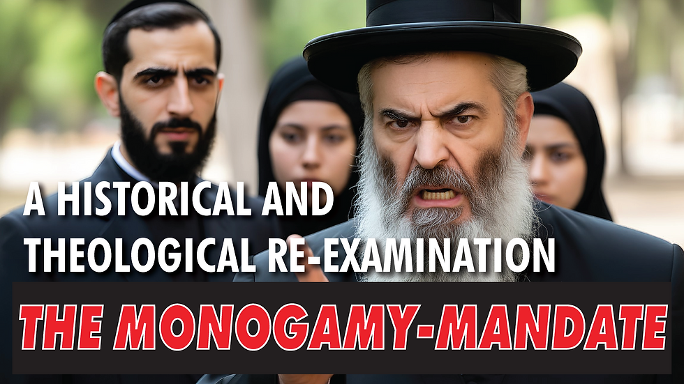 Bearded man in black hat speaks intensely, flanked by serious people. Text: "A Historical and Theological Re-Examination: The Monogamy-Mandate."