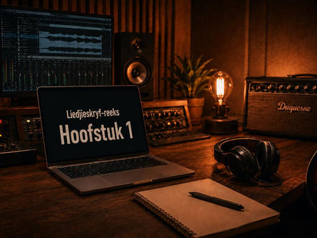 Warm music studio desk with laptop reading Liedjieskryf-reeks Hoofstuk 1, speakers, guitar, headphones, and notebook.