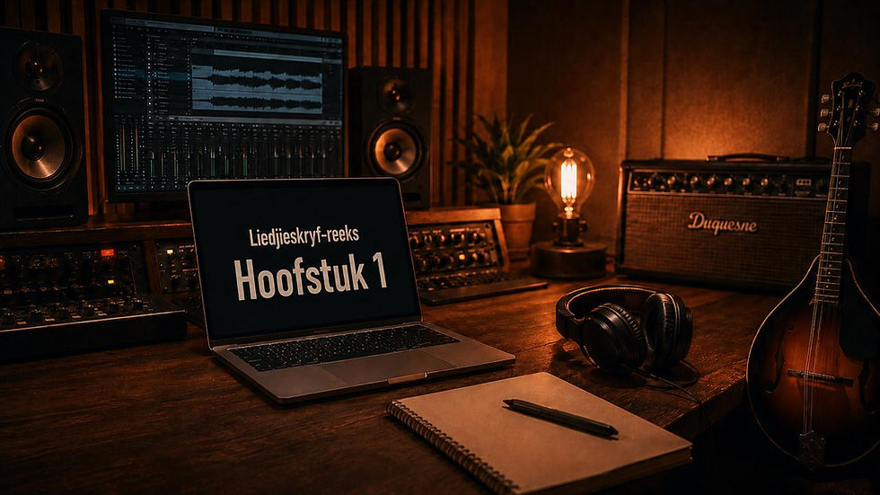 Warm music studio desk with laptop reading Liedjieskryf-reeks Hoofstuk 1, speakers, guitar, headphones, and notebook.