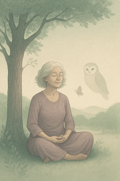 Meditierende Frau mit Eule und Schmetterling