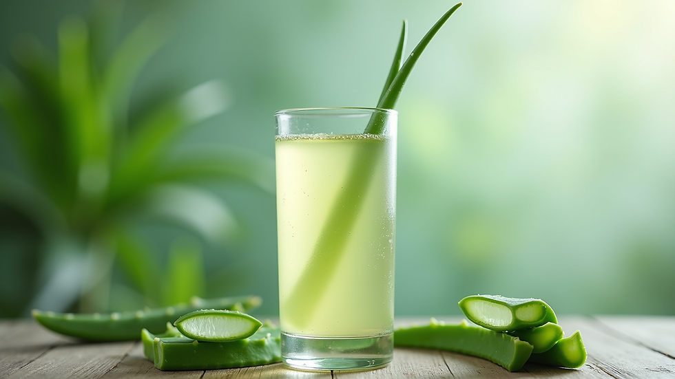 Close-up view of a glass of aloe vera drink with fresh aloe leaves