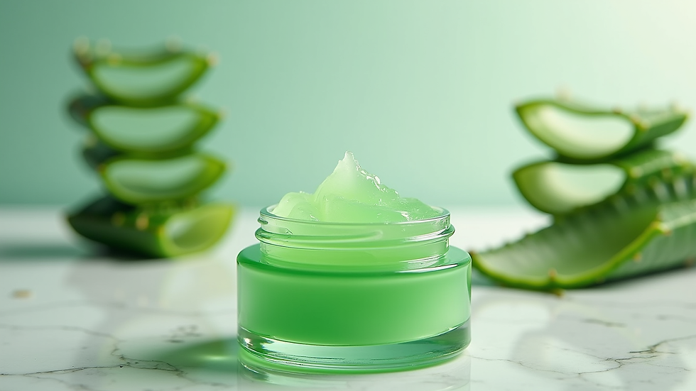 Eye-level view of aloe vera gel in a transparent jar