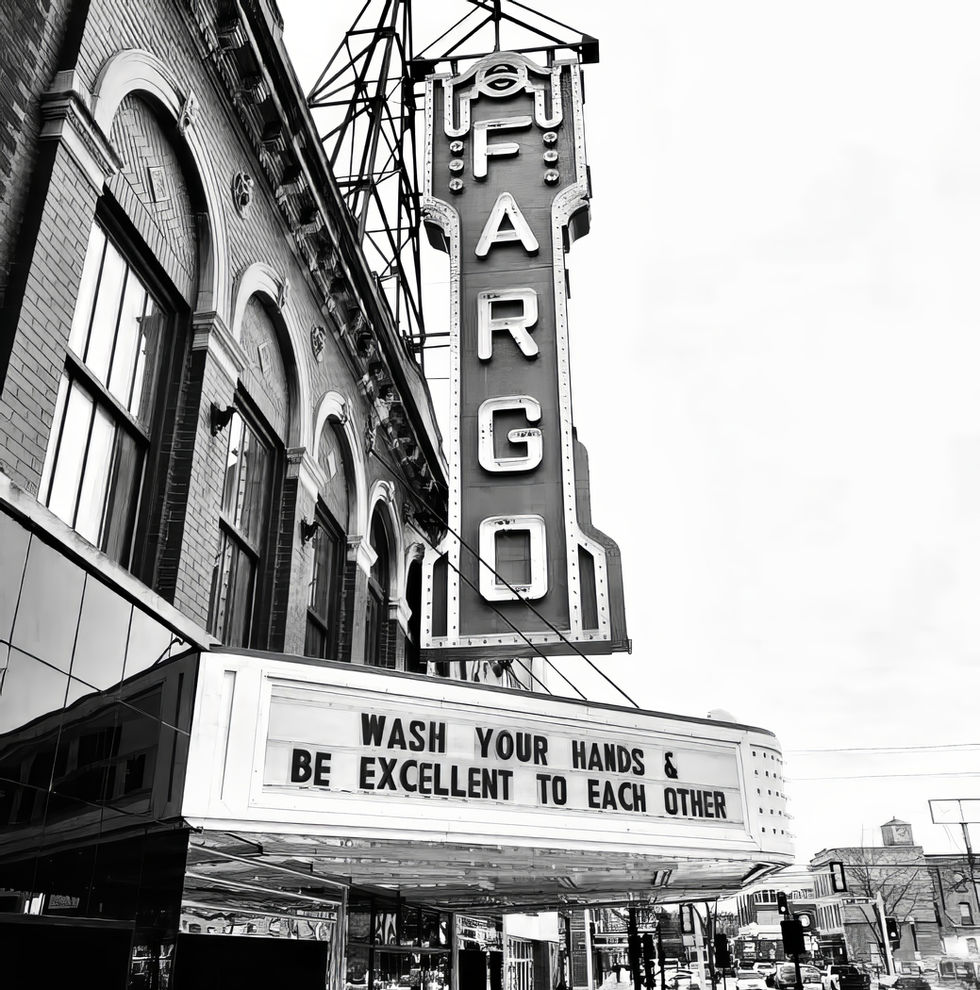 black and white, fargo theatre, wash your hands