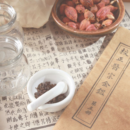 Traditionele Chinese geneeskunde met kruiden, glazen potjes en een oud manuscript – symbolen van de eeuwenoude kennis achter meridianen.