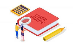 Deux personnes examinent un livre rouge USER GUIDE avec une loupe, près d’une calculatrice et d’un crayon sur fond blanc.