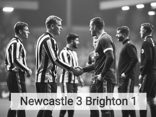 A powerful, emotional photograph captured on the pitch at St. James' Park immediately following the final whistle. The late evening sun illuminates a packed Gallowgate End, still jubilant and roaring. The central focus is Newcastle’s captain, Bruno Guimarães, covered in sweat and beaming with relief, shaking hands warmly with Brighton’s Lewis Dunk. Bruno has his other arm around the returning Joelinton, who is also smiling broadly. The massive digital screen in the background clearly shows the final score: "NEWCASTLE 3 - BRIGHTON 1." It is a moment of mutual respect between opponents, defined by the tangible relief and triumph of the Magpies.