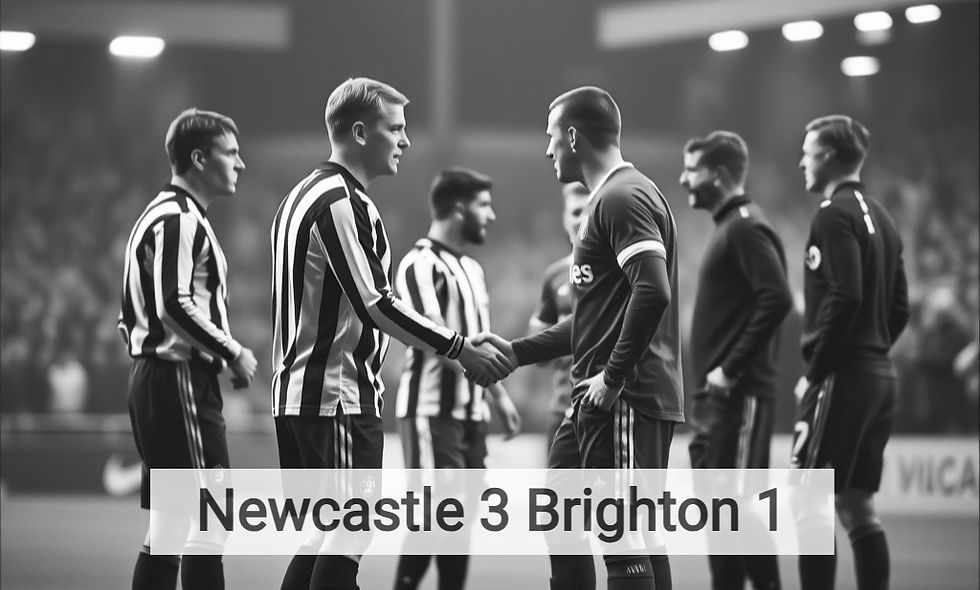A powerful, emotional photograph captured on the pitch at St. James' Park immediately following the final whistle. The late evening sun illuminates a packed Gallowgate End, still jubilant and roaring. The central focus is Newcastle’s captain, Bruno Guimarães, covered in sweat and beaming with relief, shaking hands warmly with Brighton’s Lewis Dunk. Bruno has his other arm around the returning Joelinton, who is also smiling broadly. The massive digital screen in the background clearly shows the final score: "NEWCASTLE 3 - BRIGHTON 1." It is a moment of mutual respect between opponents, defined by the tangible relief and triumph of the Magpies.