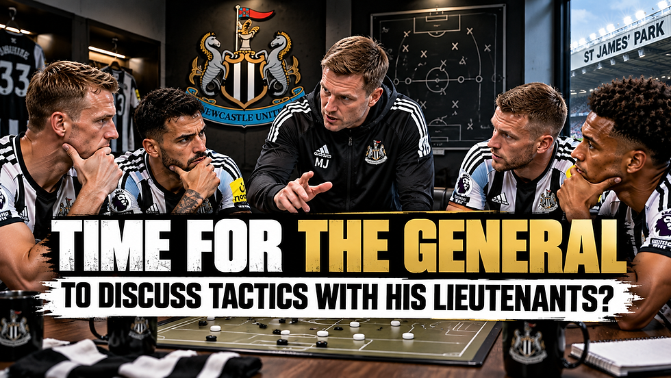 Newcastle United manager Matthias Jaissle discussing tactics with senior players around a tactics board, illustrating calls for the manager to consult his experienced players following disappointing results.
