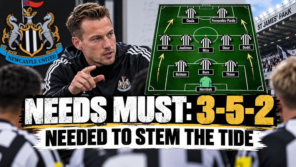 Newcastle United manager Matthias Jaissle alongside a proposed 3-5-2 formation showing how Newcastle could strengthen midfield and improve defensive organisation.