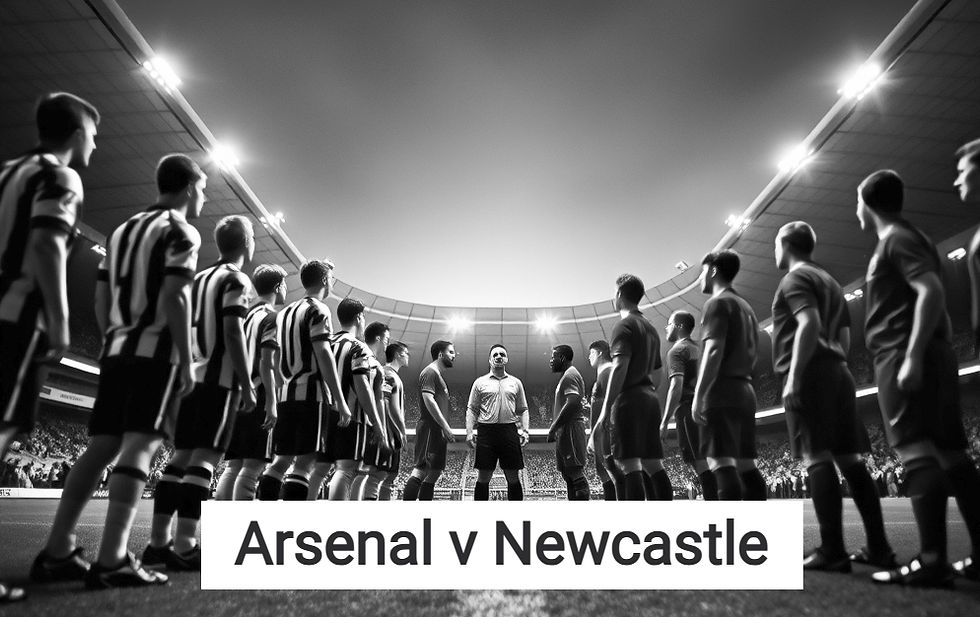 A wide, cinematic view of the Emirates Stadium pitch just moments before kick-off. The Arsenal players in their classic red and white stand opposite the Newcastle United squad, who are wearing their traditional black and white stripes. The stadium is a wall of red, with the exception of the vibrant black and white away end tucked into the corner. The evening floodlights are reflecting off the perfectly manicured grass, capturing the calm before what promises to be a high-intensity Premier League battle.