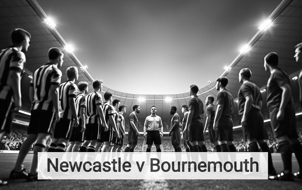 A vibrant wide-angle shot of the St. James' Park pitch as the clock ticks toward 3:00 PM. The players of Newcastle United and Bournemouth are standing in two parallel lines on either side of the referee, facing the Milburn Stand. The Gallowgate End is a sea of black and white, with a massive "HOWE'S GEORDIE ARMY" flag being passed over the heads of the fans. The spring sunshine illuminates the pristine turf, and the atmosphere captured is one of intense focus and a city desperate for a season-defining victory.