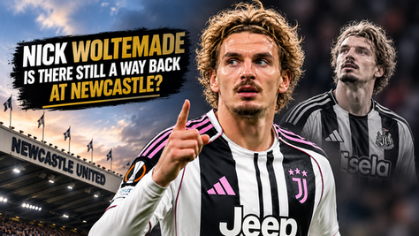 Nick Woltemade in a Juventus shirt with St James' Park in the background, asking whether he could return to Newcastle United.