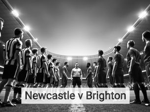 A wide, atmospheric shot of the pre-match ceremonies at a packed St. James' Park. The Newcastle United squad, wearing the classic 2025/26 black and white stripes, stands in a line facing the Milburn Stand. Opposite them, the Brighton players are lined up in their blue and white. The "Local Hero" anthem has just finished, and a massive "Howe's Geordie Army" surfer flag is visible moving across the Gallowgate End in the background. The late spring sun casts long shadows across the pitch, highlighting the determined faces of the players before this must-win encounter.