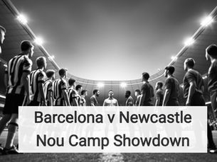 A wide, cinematic shot of the Spotify Camp Nou pitch on the evening of Wednesday, March 18, 2026. The Barcelona and Newcastle United squads are lined up in two parallel rows facing the main stand for the iconic Champions League anthem. Barcelona are in their traditional "Blaugrana" home colors, while Newcastle United wear their "Tyne Bridge" dark green away kit. The massive stadium, with its towering tiers, is bathed in golden floodlight, and a giant "Starball" centerpiece is visible in the center circle. The atmosphere is visibly electric, with thousands of flags waving in the background.