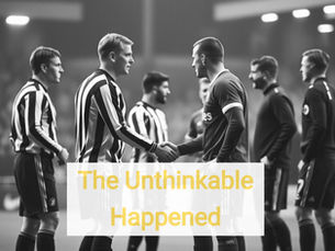 A somber wide-angle shot of the St. James' Park pitch at the final whistle. The scoreboard clearly shows Newcastle 1 - 2 Sunderland. In the foreground, Bruno Guimarães is pictured with his hands on his knees, head bowed, while in the distance, the small pocket of Sunderland fans in the upper tier are seen celebrating wildly. The black-and-white "Wor Flags" display lies crumpled in the empty seats of the lower Gallowgate, capturing the deflated atmosphere of the home support.