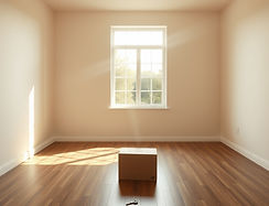 A wide-angle shot of an empty, sunlit room in a vacant former tenanted terraced house with clean walls, wooden flooring, and a single key left on the floor near a large window.