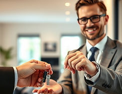 A professional property consultant handing over keys to a new owner in a modern home, representing a successful tenanted property sale completion.