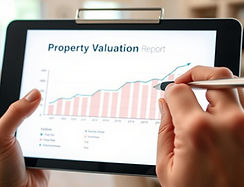 Close-up of a person holding a digital tablet displaying a property valuation growth chart and data, with a blurred modern living room in the background.