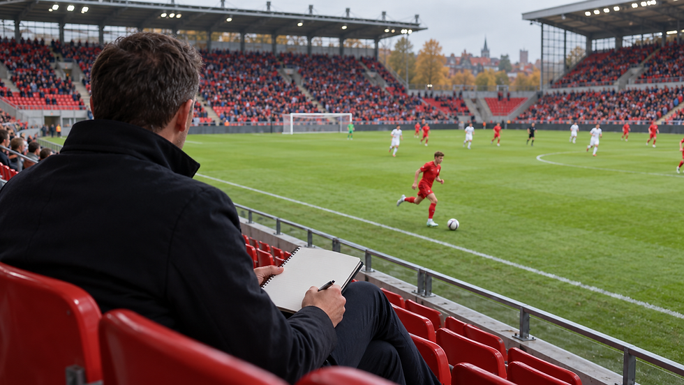 Illustration of a football scout watching a player in red from the stadium stands.