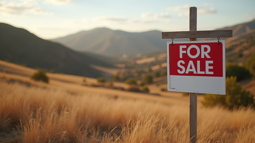 Eye-level view of a “For Sale” sign on a California land parcel with hills in the background