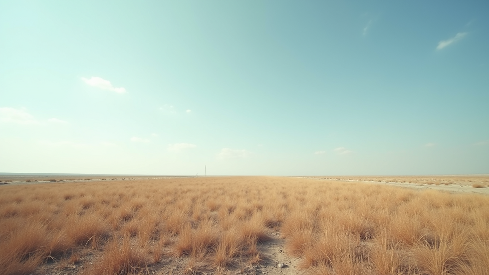 High angle view of a flat vacant land parcel with dry grass and clear sky