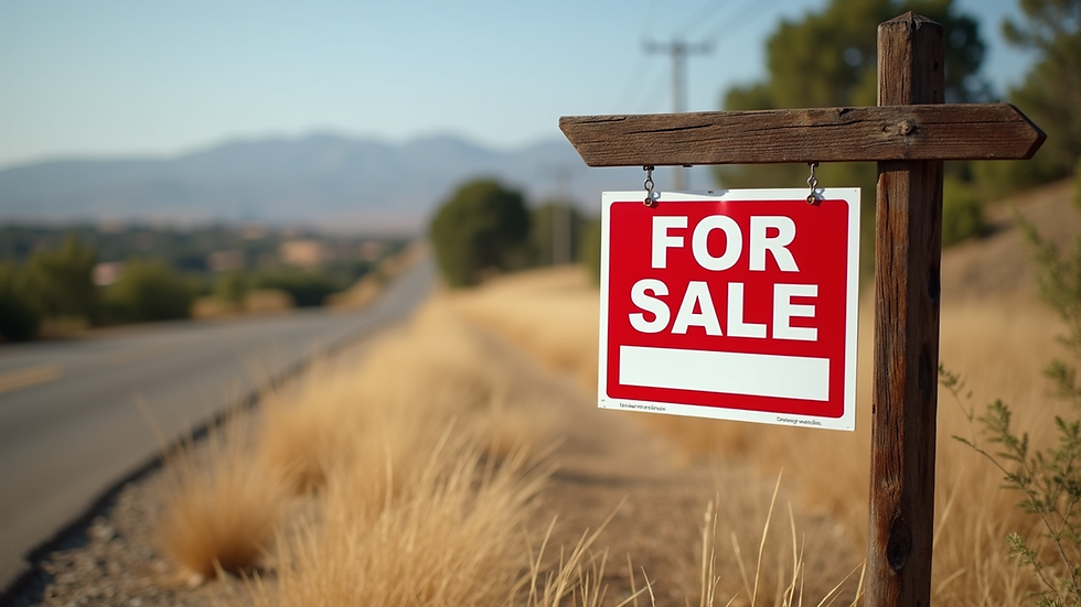 Close-up view of a "For Sale" sign on a California land parcel