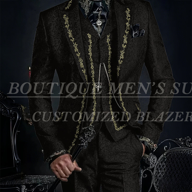 Miniatura: Terno masculino elegante em jacquard preto com bordado, corte slim
