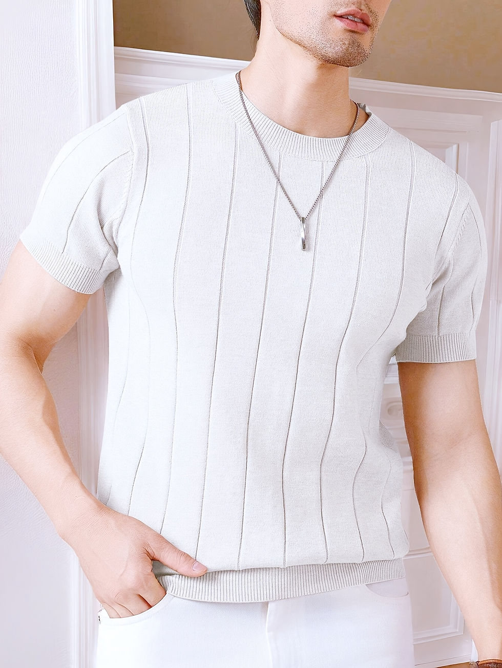 Miniatura: Camiseta masculina de verão, corte slim, malha, gola redonda, cor sólida