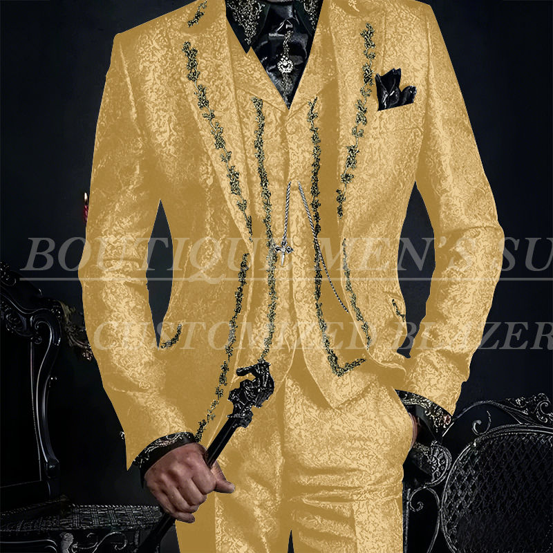 Miniatura: Terno masculino elegante em jacquard preto com bordado, corte slim