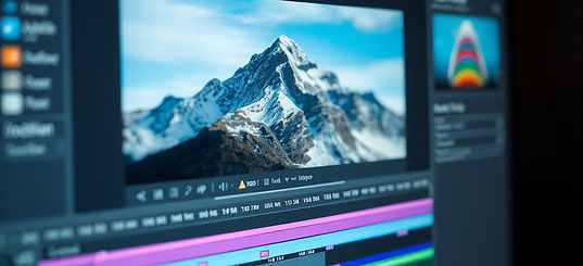 A close-up shot of a PC monitor showing a video editing software, a mountain being edited.