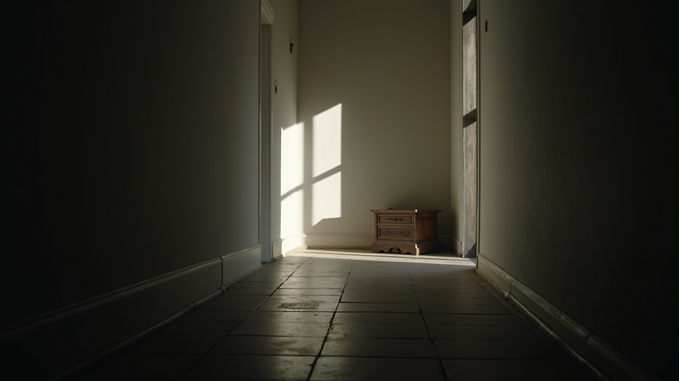 Eye-level view of a dimly lit room with shadows cast on the walls