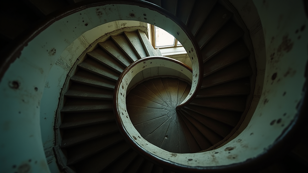 Eye-level view of a dimly lit spiral staircase in an old building