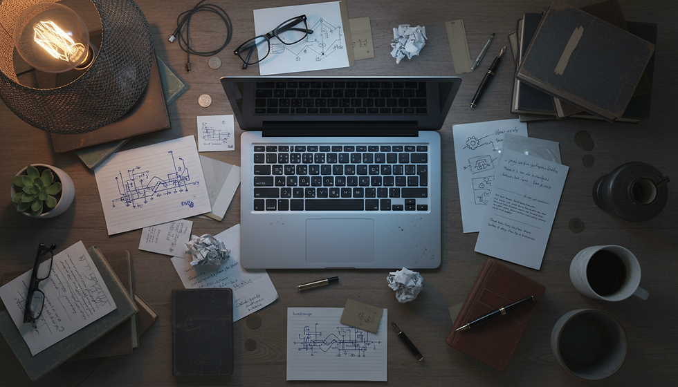 A cluttered desk with a laptop, sketch papers, glasses, pens, and a mug. Warm lighting from a bulb creates a focused, busy atmosphere.