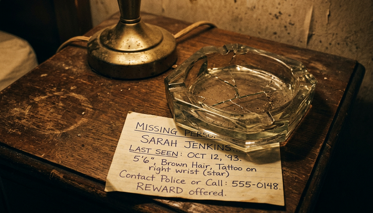 Close-up of a handwritten note pinned under a cracked glass ashtray