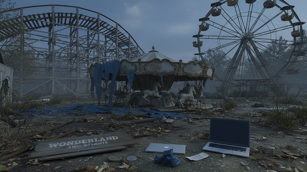 Eye-level view of a dimly lit abandoned amusement park