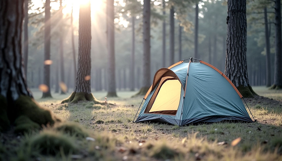 A teal and orange tent glows in sunrise light in a forest. Tall trees and soft sunlight create a serene, peaceful atmosphere.